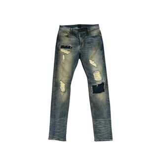 Women 25 RTA Road to Awe Button-Fly Distressed Patchwork Skinny Jeans Denim Pant